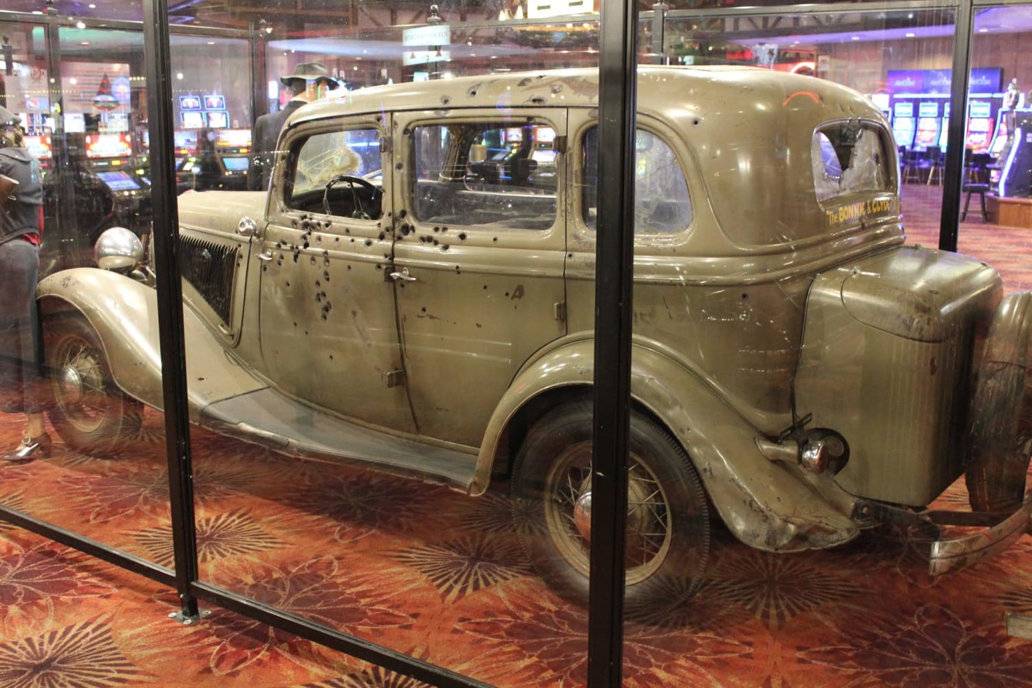 1934 Ford V-8 Sedan, last used by Bonnie and Clyde in Arcadia, Louisiana. Now on display at a casino in Primm, Nevada.