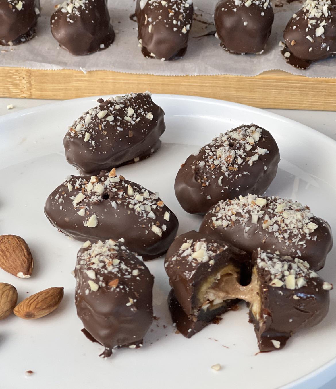 Chocolate coated dates filled with fresh almond butter. Happy Ramadan