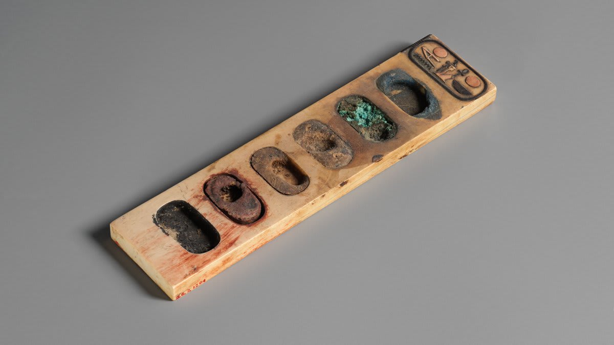 Nothin' like a new (or very, very old) paint set Inscribed with the name of Amenhotep III, this ancient Egyptian palette from 1390–1325 B.C. holds blue, green, brown, yellow, red, and black pigments. Learn more: