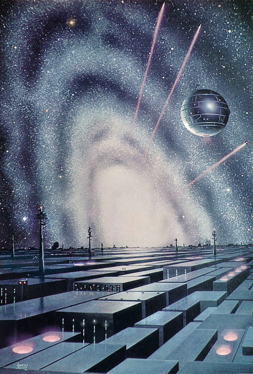 'Metal Planet' (1974) by David A Hardy. The artist was inspired by Trantor from Isaac Asimov’s Foundation.