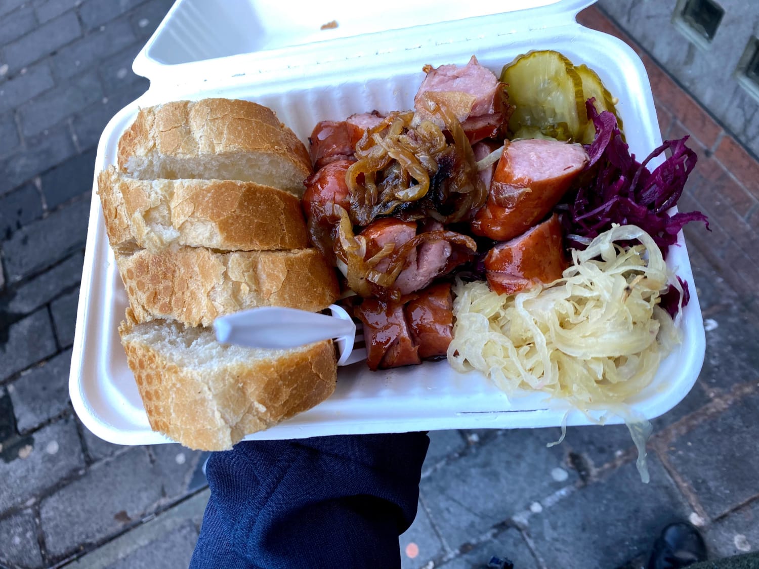 Street Food Bread Sausage Fried Onion Pickles Cabbage and Sauerkraut