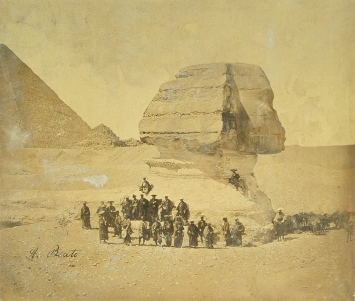 Japanese Samurai pose in front of the Sphinx. Ikeda Mission, Egypt, 1864. Photo taken by Antonio Beato.