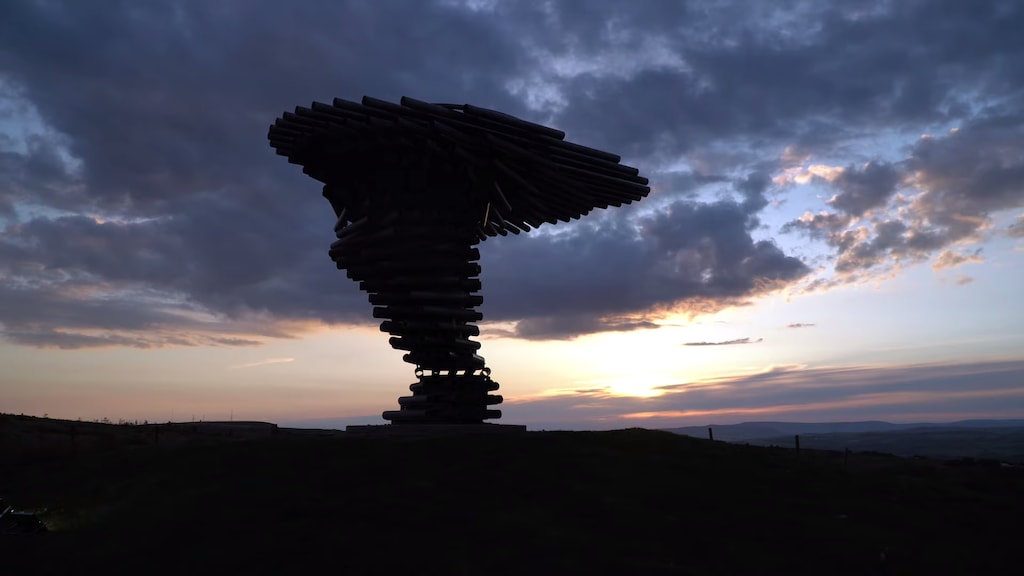 A Towering Sculptural Tree Made of Metal Tubes That Sings and Rings as the Wind Blows at Sunset