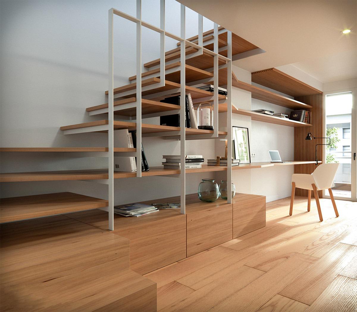 Integrating a staircase with bookshelves and an office space