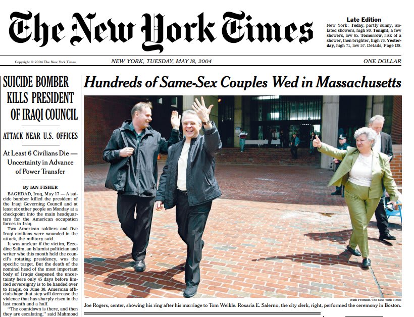 Massachusetts became the first U.S. state to allow same sex marriage, today in 2004. ''This is like winning the World Series and the Stanley Cup on the same day," said one of the partners in the first couple to complete the marriage license application.