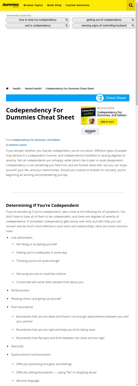 Codependency For Dummies Cheat Sheet