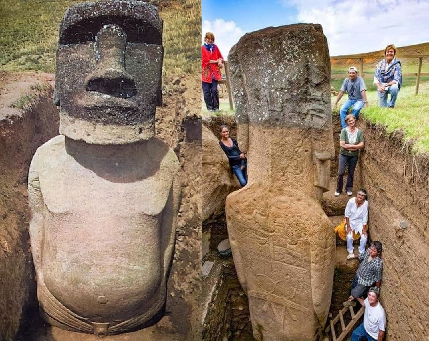 The buried bodies of the iconic Easter Island moai basalt statues, built by the Rapa Nui people between 1250-1500 CE, with petroglyphs carved on their back