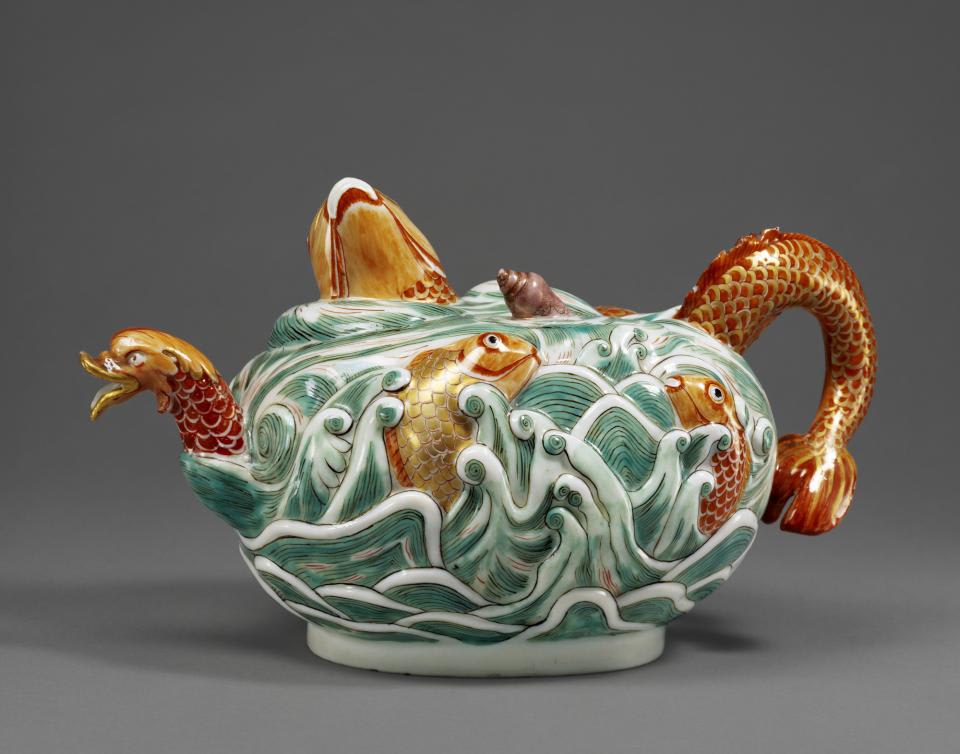 Meissen porcelain teapot with fish decoration, Saxony, c 1729-1731. From the Frick Collection