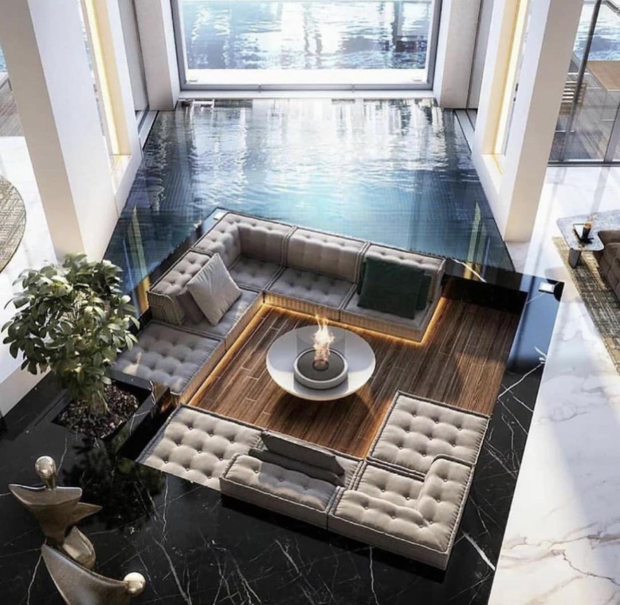 I would live here forever; conversation pit, pool is a lovely bonus