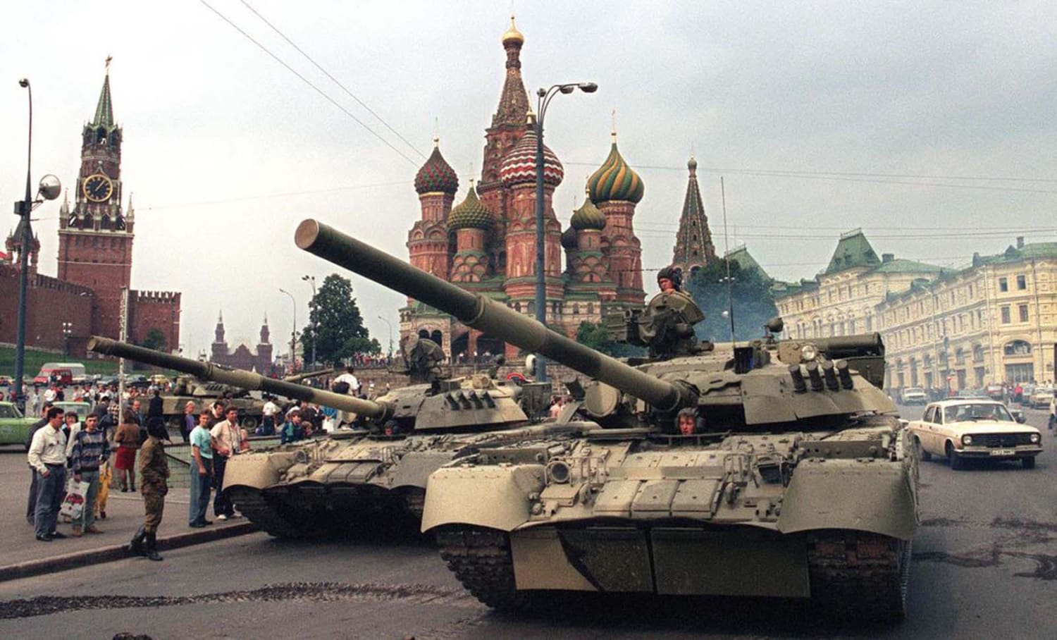 Soviet Army tanks parked near Spassky Gate, an entrance to the Kremlin and Basil’s Cathedral in Moscow’s Red Square after a coup toppled Soviet President Mikhail Gorbachev on August 19, 1991.