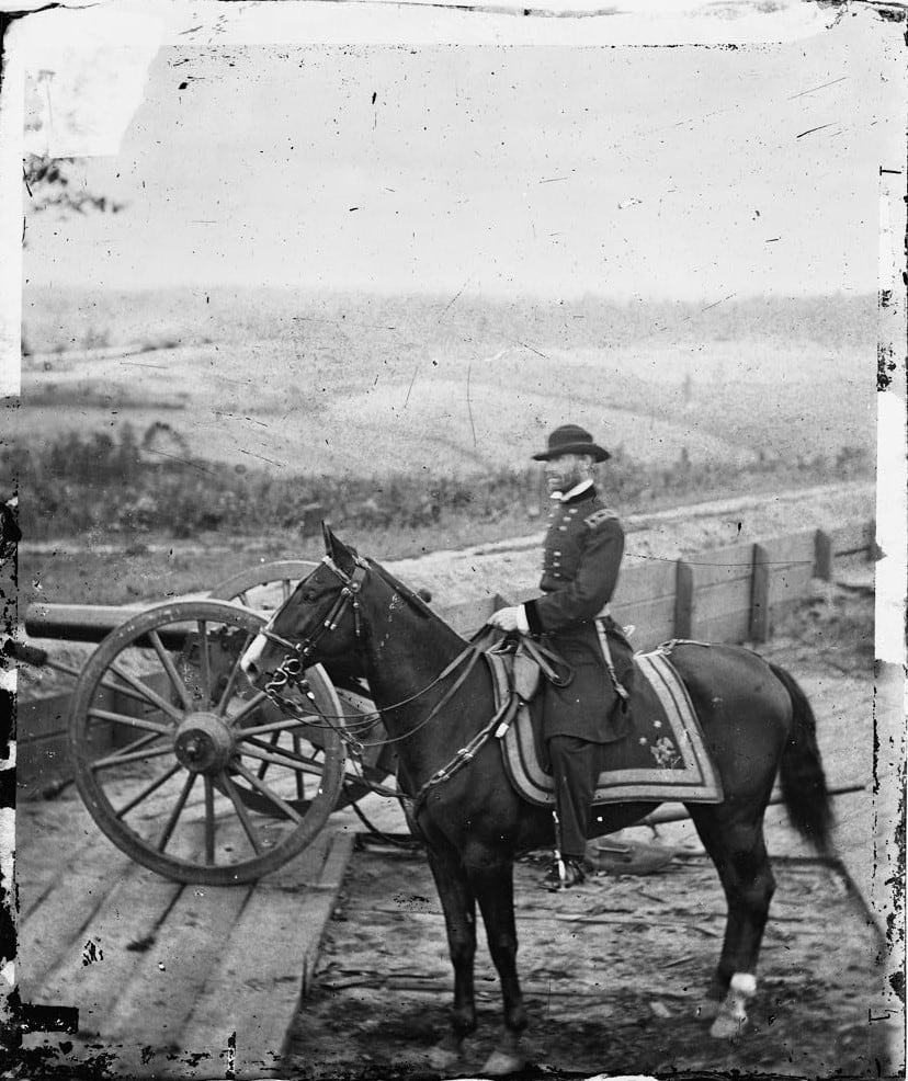 American General William T. Sherman on horseback at Federal Fort No. 7. Atlanta, 1864. Photo taken by George N. Barnard.