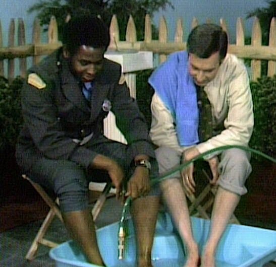 On a May 1969 episode of Mister Rogers' Neighborhood, Fred Rogers soaked his feet in a kiddie pool with his frequent guest star, François Clemmons. It came across as a brave and firm stance during the American Civil Rights Movement.