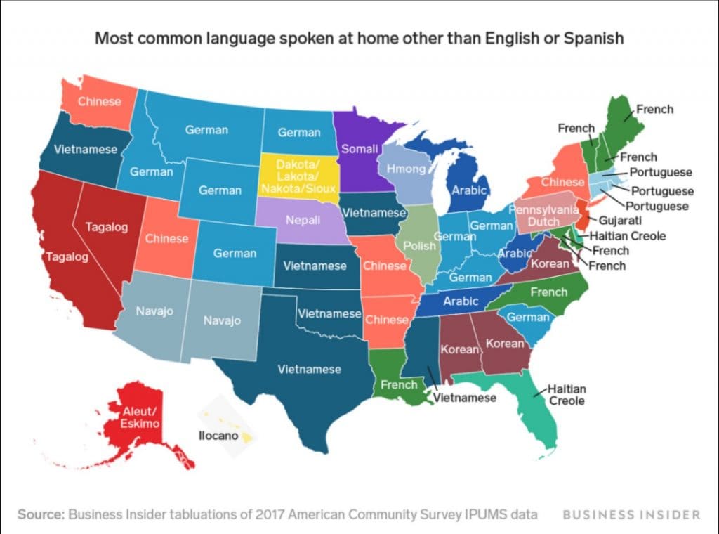 A map showing what the other most spoken language is in each state, besides English or Spanish