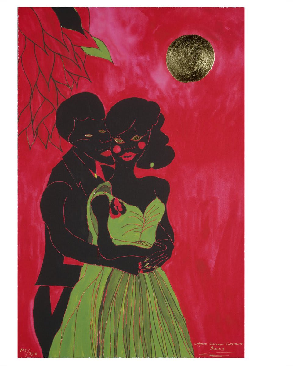 Glittering gold and glow in the dark art. Turner Prize-winning artist Chris Ofili explores the interplay of light and dark in inspired ways with gold leaf (pic 1) and luminous ink (pic 2). 1. Chris Ofili: Afro Lunar Lovers, 2003, with gold leaf and embossing