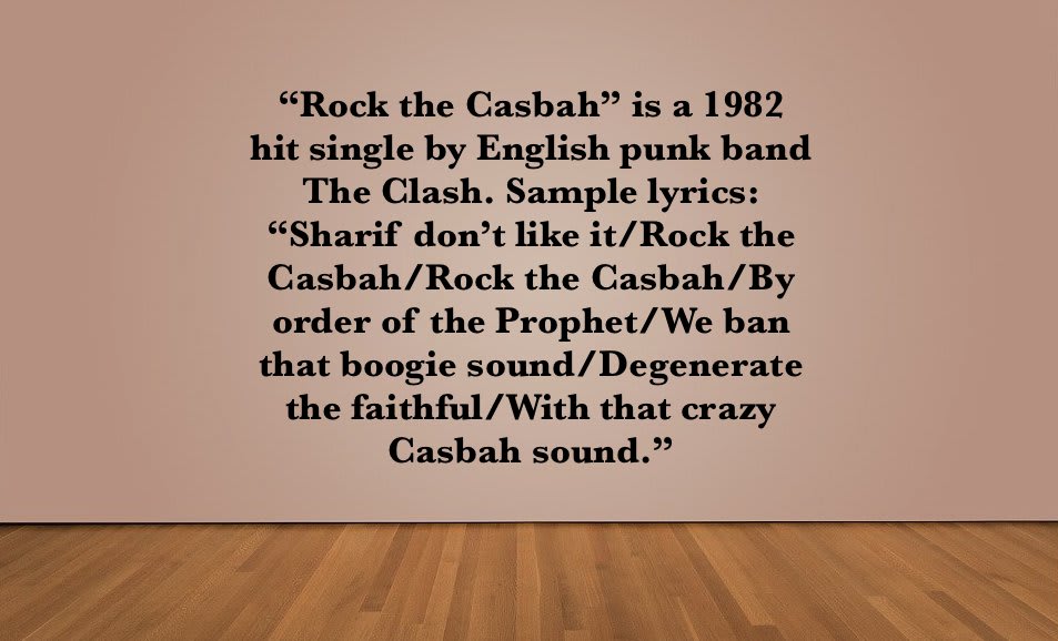 Joel: [Stoner voice.] Rock the Casbah, dude. Servo: Sharif don’t like it. 🎶 “Rock the Casbah” is a 1982 hit single by English punk band The Clash. Sample lyrics: “Sharif don’t like it/Rock the Casbah/Rock the Casbah/By... @TheClash 🎶 MST3K #323 - Castle of Fu Manchu