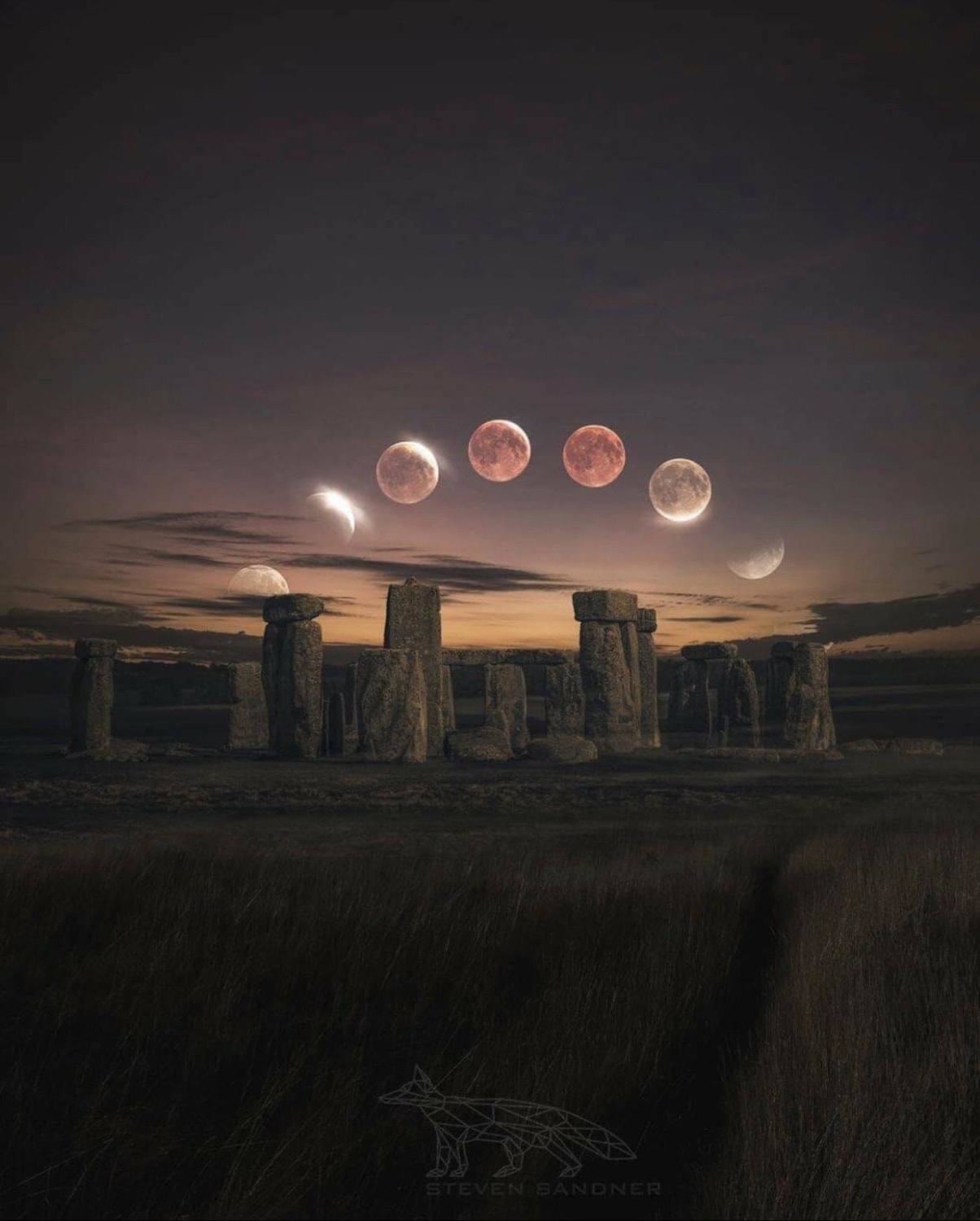 Blood Moon Eclipse over Stonehenge using 35 pictures to complete the image