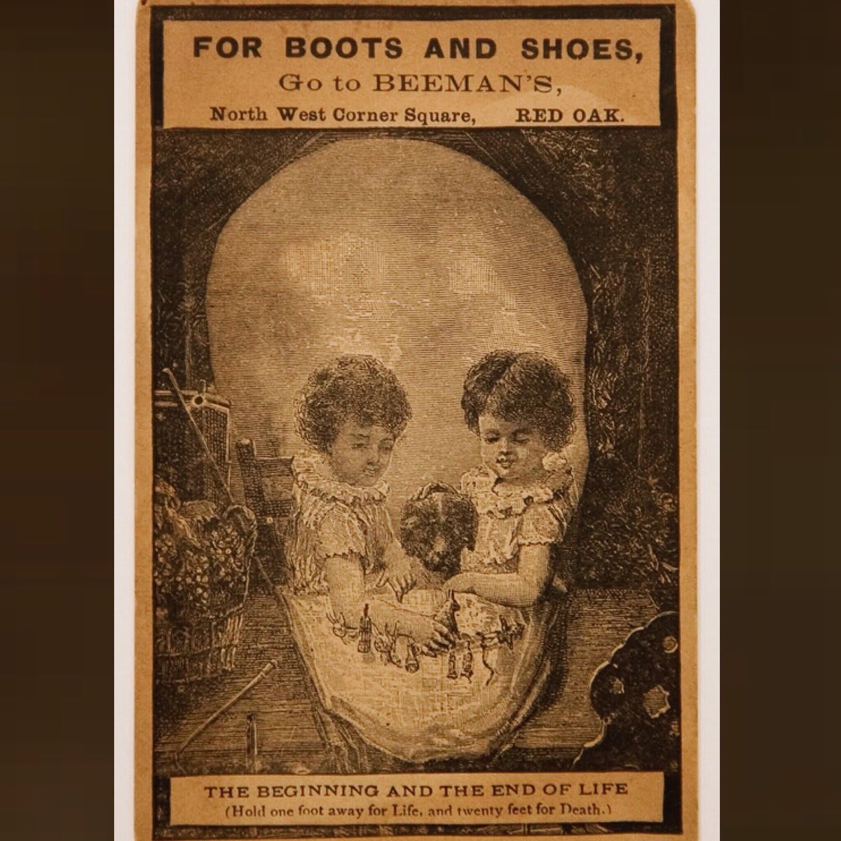 Optical illusions were fairly popular in the late Victorian Era, including those with macabre skull imagery. Still, this seems like an odd choice for a shoe ad.