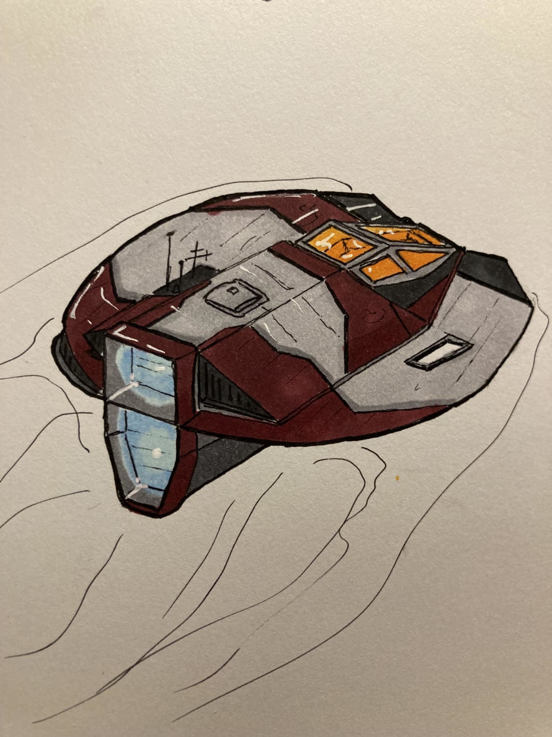 An experimental landspeeder. Initial Idea was to do something that is circular, the result looks like a mixture between a SW snowspeeder and a Battlestar Raider