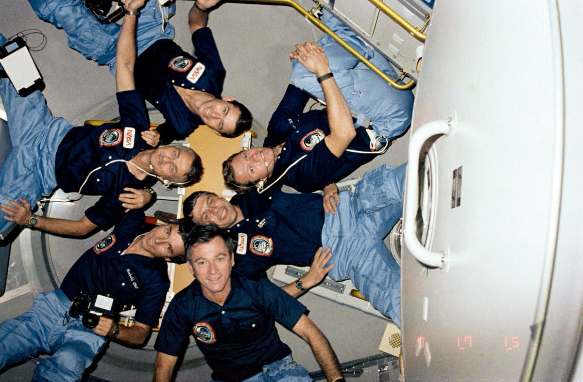 The crew of STS-9 Columbia, launched OTD in 1983, photographed in Spacelab. Clockwise from the bottom: John Young, Ulf Merbold, Owen Garriott, Brewster Shaw, Byron Lichtenberg and Robert Parker (Pic NASA)