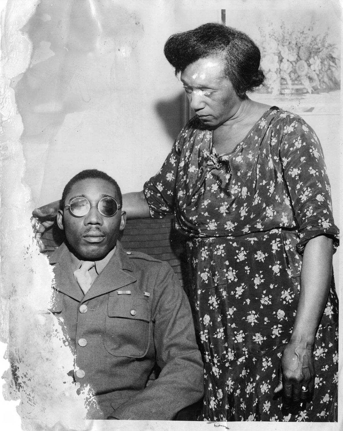 Isaac Woodard with his mother, July 12th, 1946, five months after the World War II veteran was brutally beaten and blinded by a South Carolina police chief while he was en route to rejoin his family shortly after his honourable discharge from the Army on February 12th, 1946.