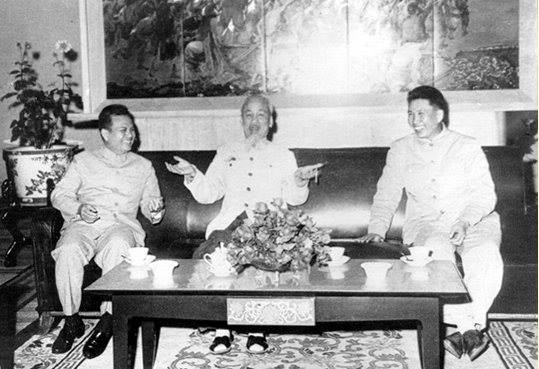 Leaders of communist factions of Indochina meeting in 1966. From left: Kaysone Phomvihane (Laos), Ho Chi Minh (Vietnam) and Pol Pot (Cambodia)