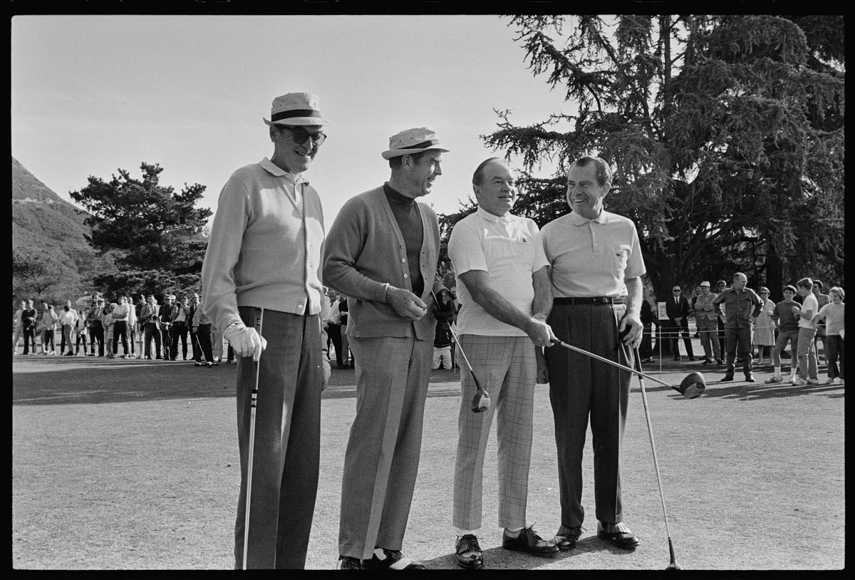 President RichardNixon, BobHope, JimmyStewart, and FredMacMurray at Lakeside Golf Course in Los Angeles (Toluca Lake), CA, 50 years ago