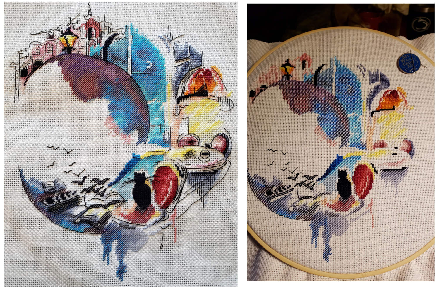 [FO] Another before and after backstitch for you guys. Went a little outside my comfort zone but I think it turned out nice.