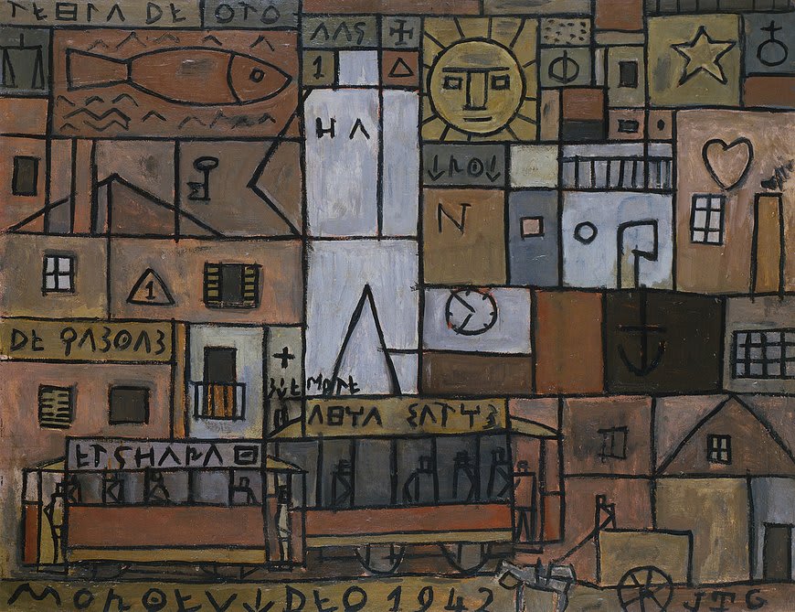 In “Constructive City with Universal Man” (pictured), Joaquín Torres-García employed a grid as the painting’s principal compositional structure, filling the spaces with symbols and graphics culled from a variety of sources: