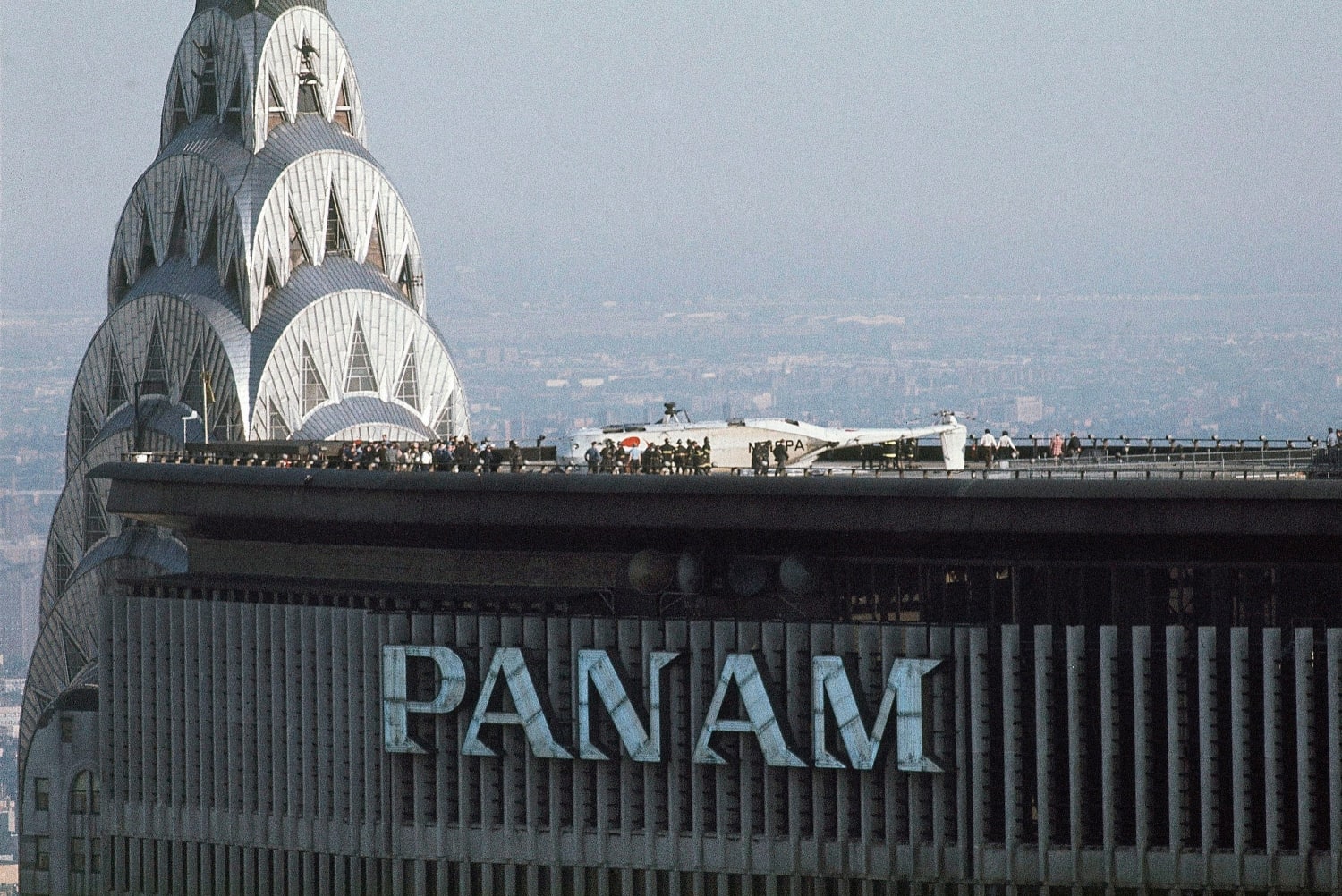 Wreckage of helicopter on Pan Am Building helipad, which left five people dead on May 16, 1977 in New York City