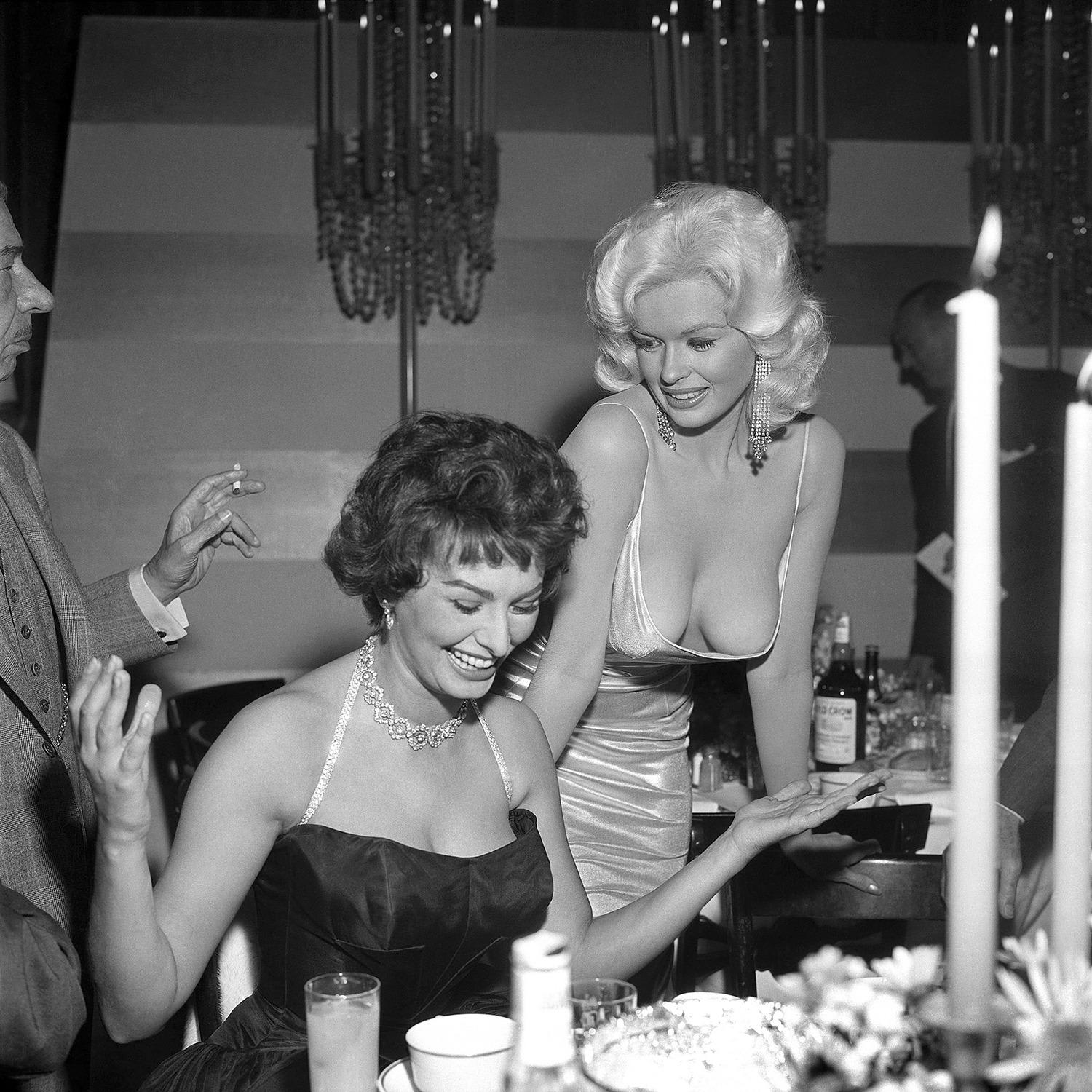 A different view of the Paramount banquet at Romanoff’s, Beverly Hills, April 12, 1957, welcoming Miss Sophia Loren to Hollywood, with Jayne Mansfield attending.