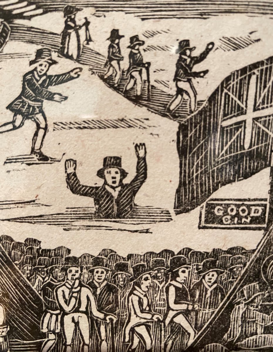 Chaos abounds in this image of 1814 Frost Fair on the Thames in London. As some enjoy 'Good Gin' and the warmth of a tent, others slip or crash through the ice. One man waves his arms in hope of rescue (From my trip to @MuseumofLondon Docklands)