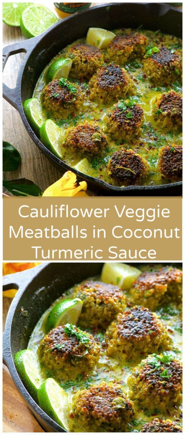 Cauliflower Quinoa Meatless Meatballs In Coconut Turmeric Sauce