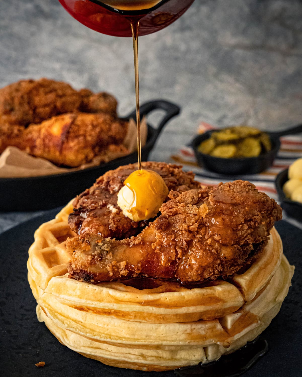 [Homemade] Southern Fried Chicken! — with Buttermilk Waffles & Spicy Honey Butter