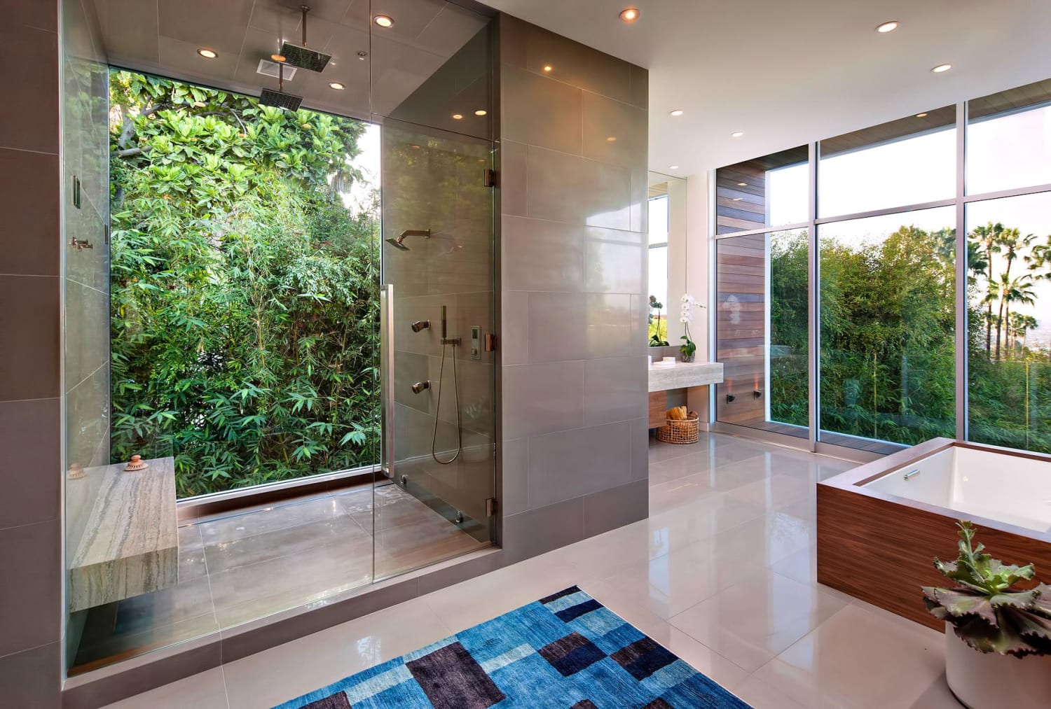 Rain head shower with exterior glass wall to greenbelt plantation - design by Belzberg Architects Group - Los Angeles, California
