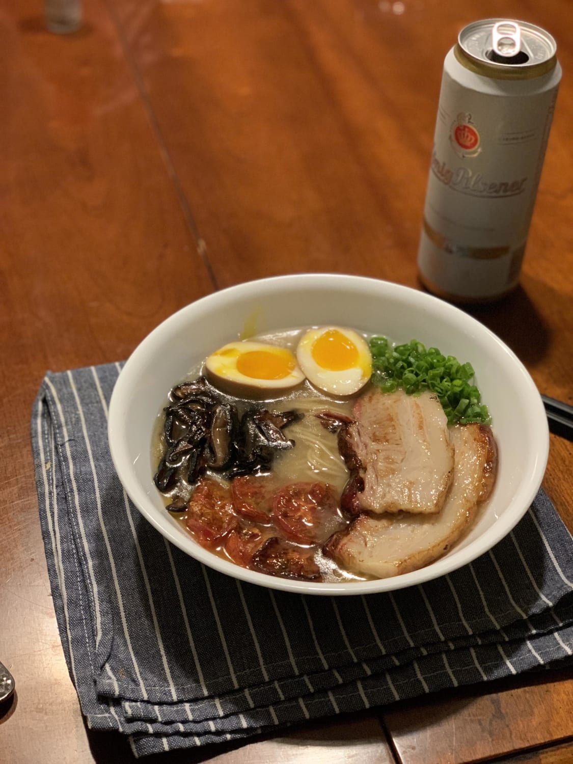 Best bowl i've made so far. tonkotsu with smoked then braised chashu pork belly, confit tomatoes, sautéed shiitake mushrooms, my wife's awesome ajitama, and green onions.