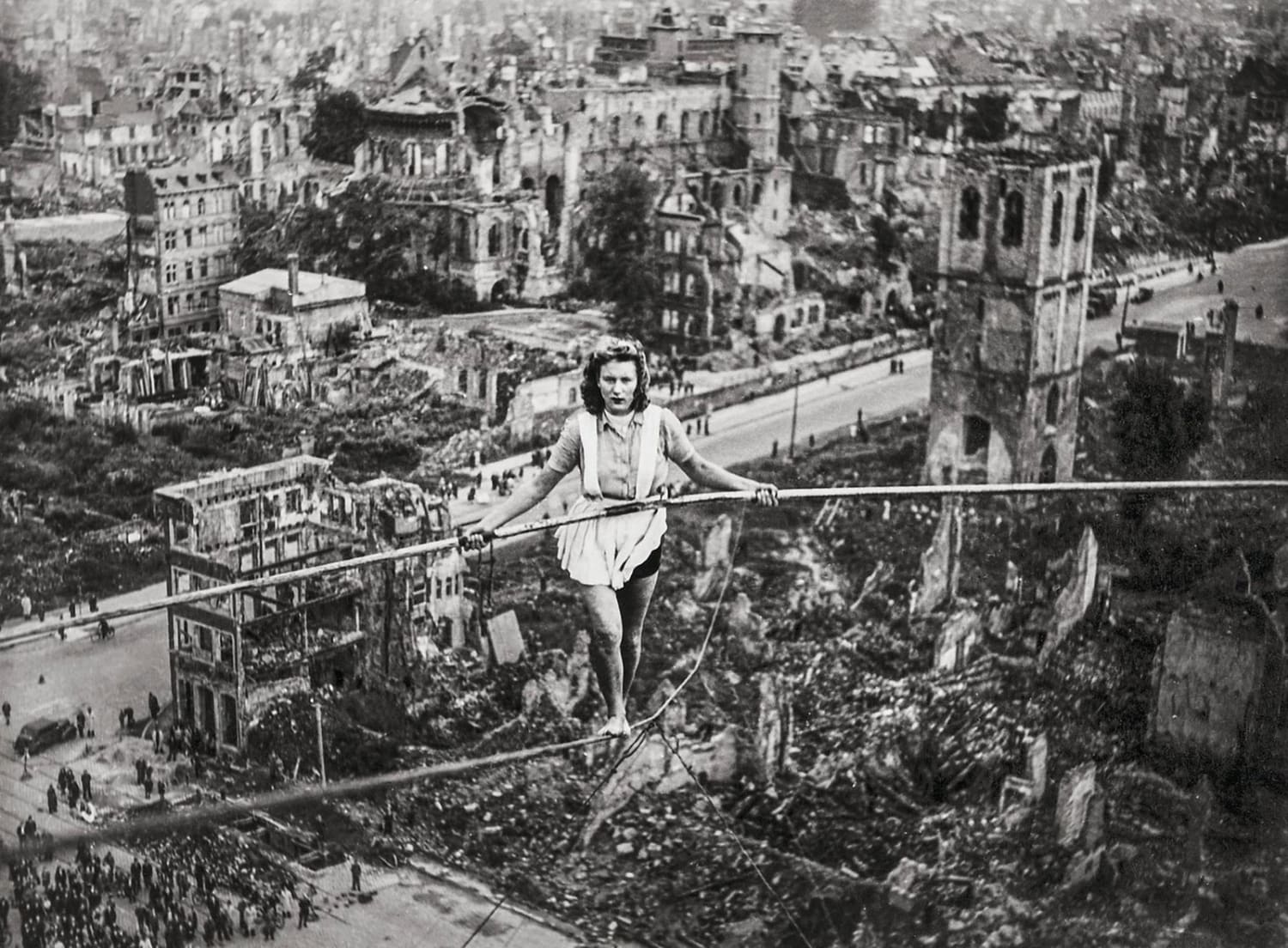 Margret Zimmermann on a tightrope over the ruins of Cologne, Germany, 1946.