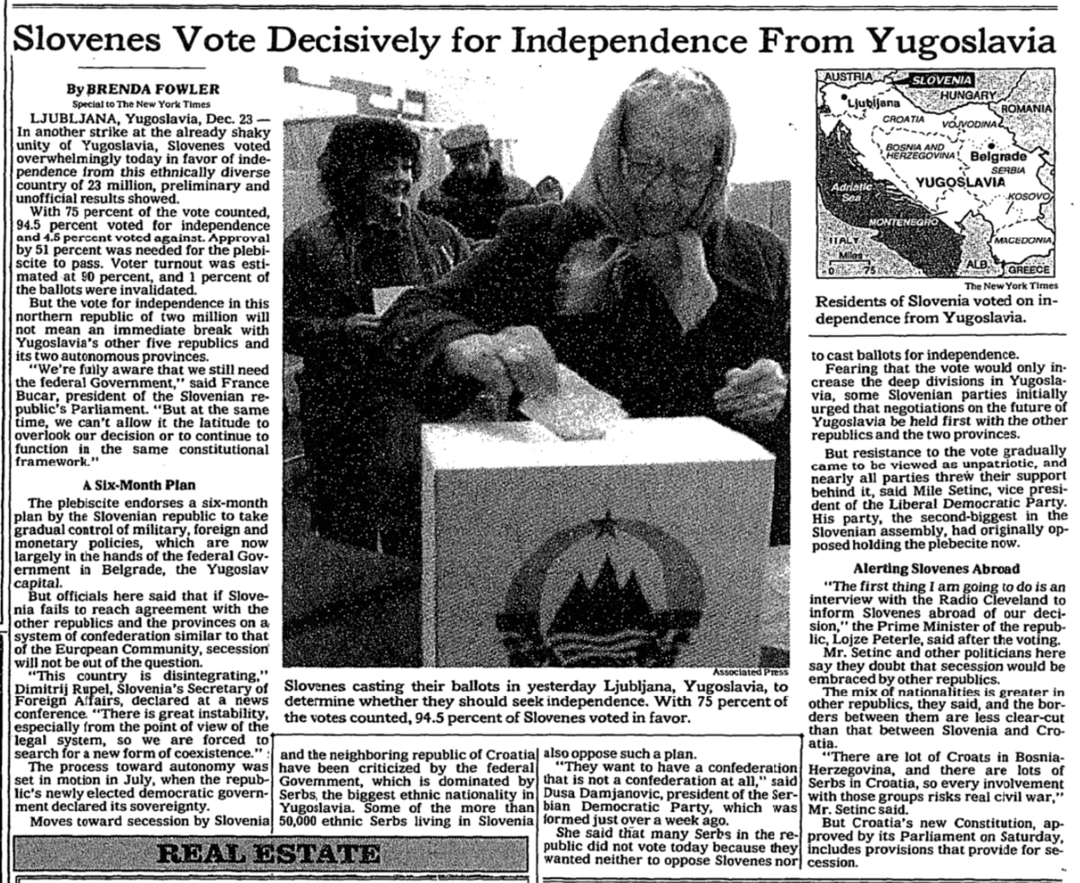 Today in 1990: The results of a referendum on independence from Yugoslavia showed Slovenians had overwhelmingly voted in favor of independence