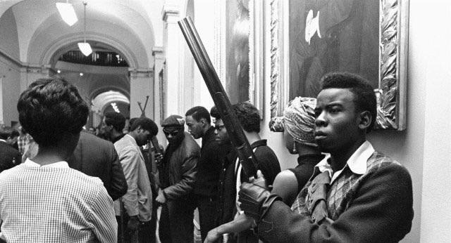 Armed Black Panther members in the California Capitol Building protesting a bill which was targeting them. Supported by the NRA, President Ronald Reagan signed the bill to stop Black Panther police self defense patrols. May 2, 1967.