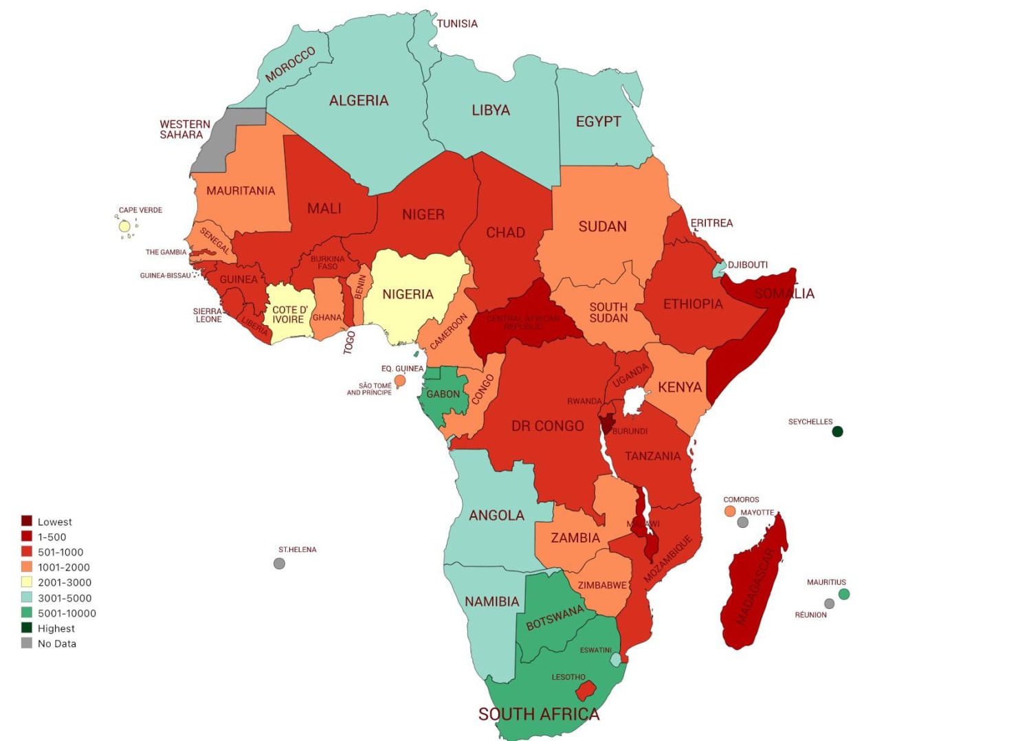 Map of African nations’ GDP per capita.