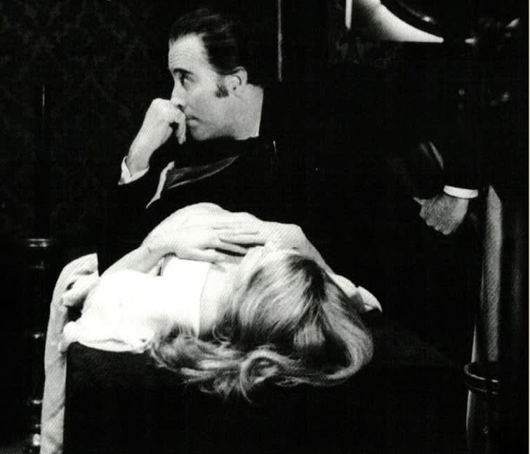 Christopher Lee rests on Joanna Lumley between takes of 'The Satanic Rites of Dracula' Hammer (1973)
