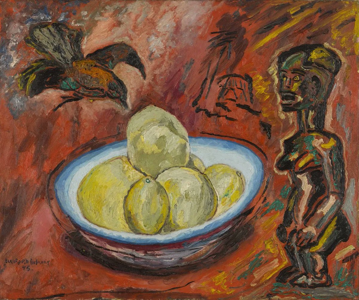 The duality in this work by Beauford Delaney parallels his personal life. Here, a Fang reliquary figure, associated with African rituals, is inserted into a modernist still-life composition. Pride 📷 Beauford Delaney (American, 1901-1979)