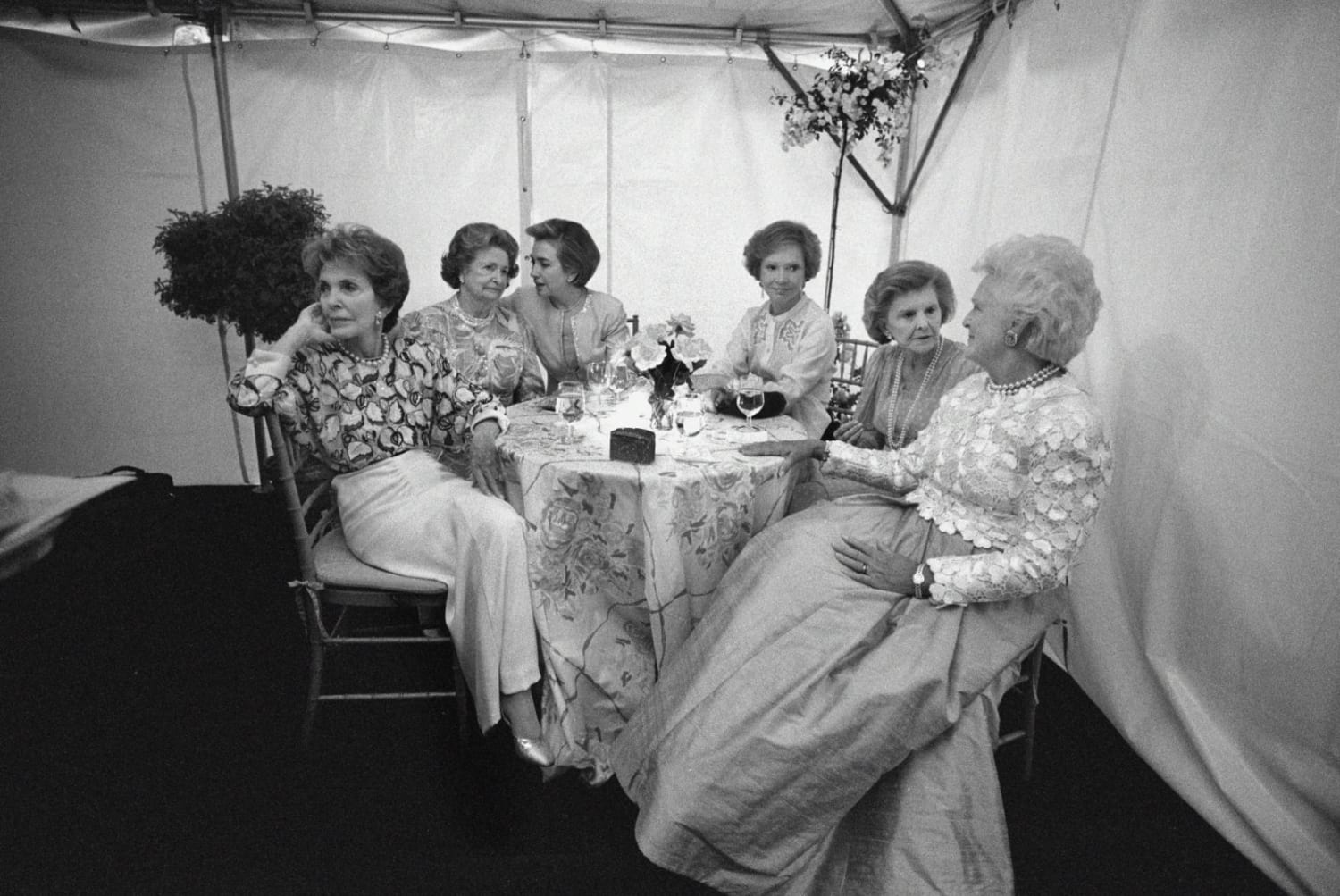 Nancy Reagan, Lady Bird Johnson, Hillary Clinton, Rosalynn Carter, Betty Ford, and Barbara Bush at the "National Garden Gala, A Tribute to America's First Ladies", May 11, 1994. Jacqueline Kennedy Onassis, absent due to illness, died a week after this photograph was taken.