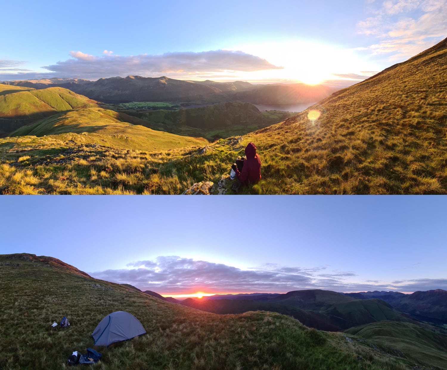 Went wild camping in the Lake District over bank holiday - sunset and sunrise at 2000 feet up Whiteless Pike was incredible