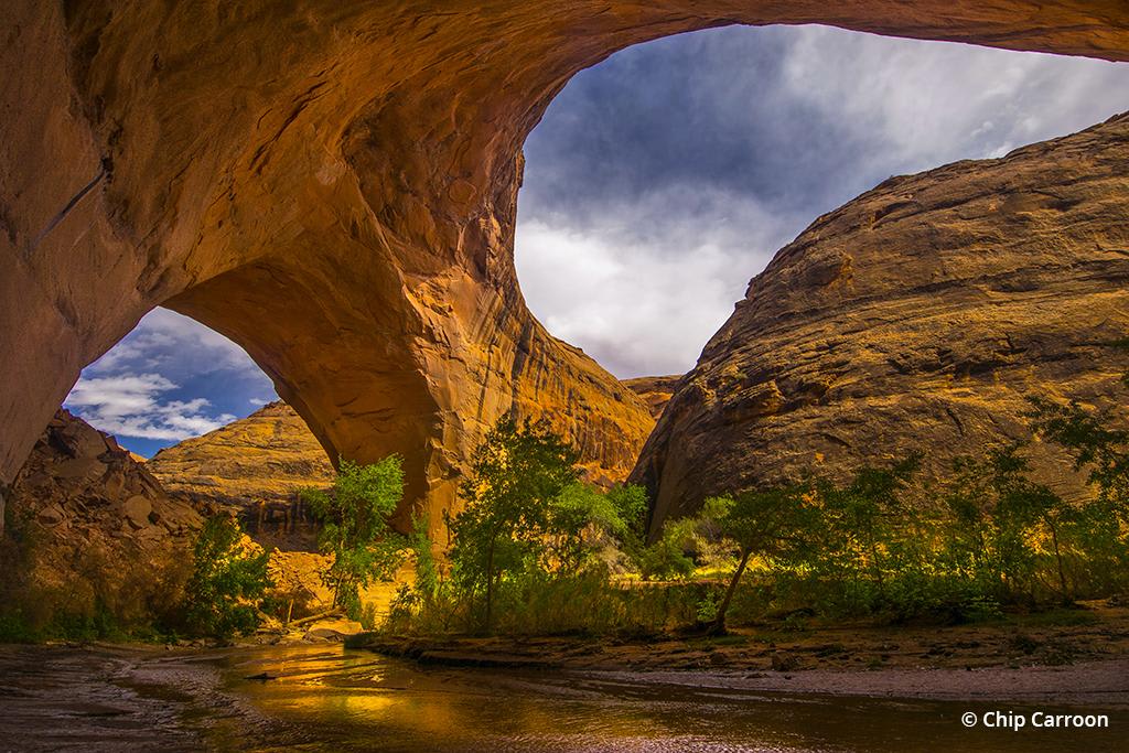 Coyote Gulch at Grand Staircase-Escalante National Monument, Utah, offers photogenic views of natural arches above a present-day watercourse.