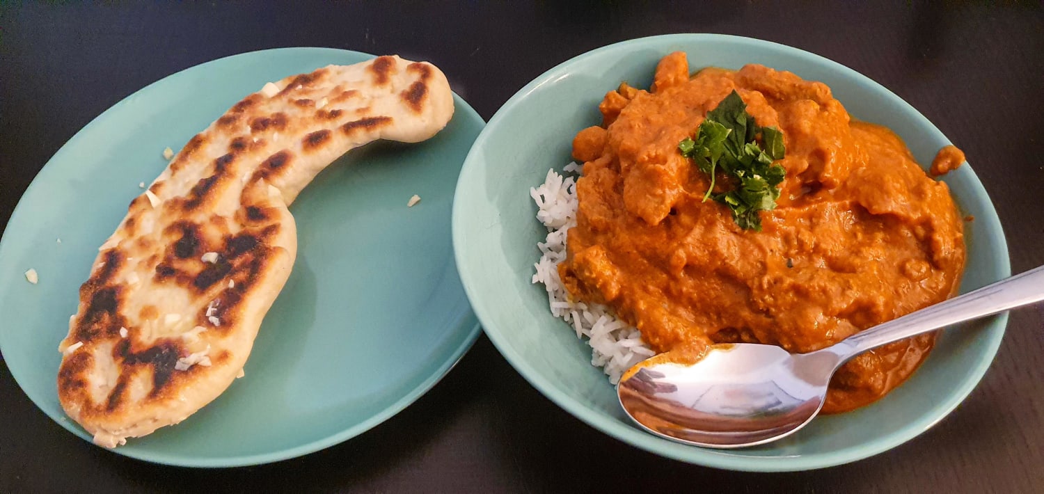 Vegan Chicken Tikka Masala and garlic Naan (recipes from blogs in comment)