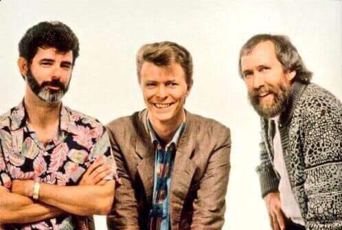 George Lucas, David Bowie, and Jim Henson promotional picture for the movie "Labyrinth" (1986)