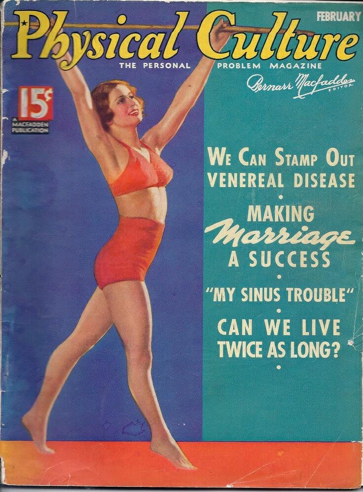 We can stamp out venerial disease! Plus: sinus trouble. Physical Culture magazine, Feb 1936.