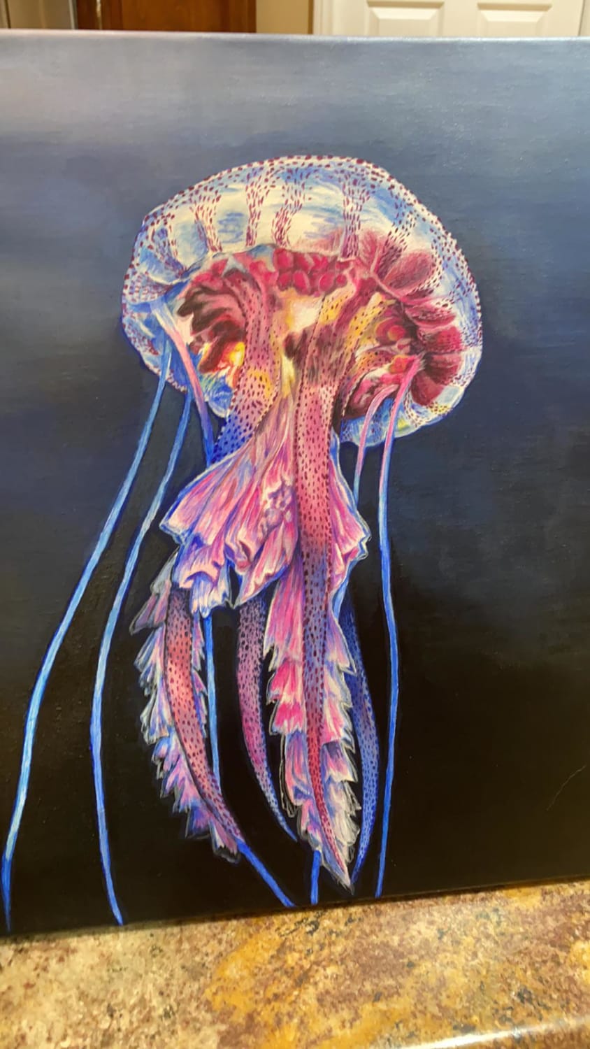 I’m a disabled artist. I can’t use my hands very well so drawing and painting is rare for me. I feel really proud of thisacrylic Jellyfish I finished this week.