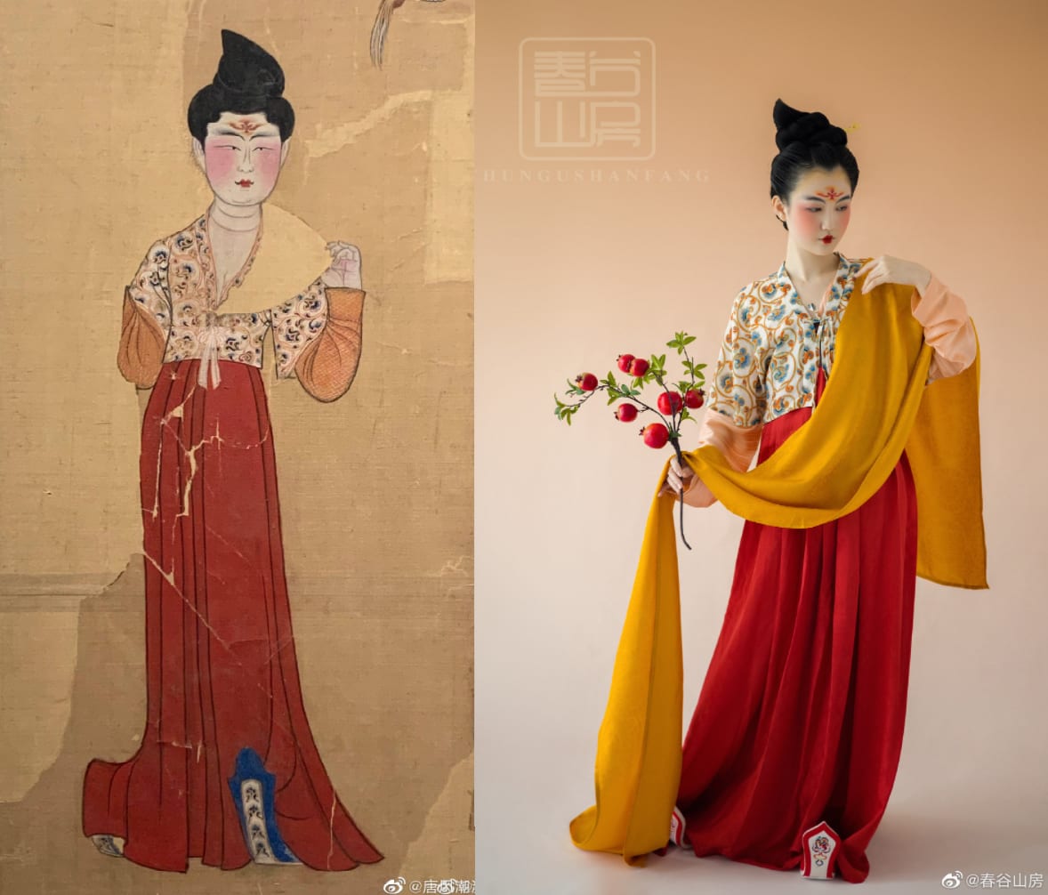 A Tang dynasty folding screen silk painting depicting a woman in the fashion of the day, and a modern reconstruction (late 7th century - early 8th century AD)