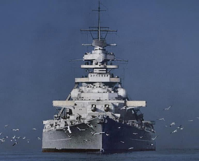 The sheer size of this ship, seagulls for scale (I believe the ship is the bismarck)